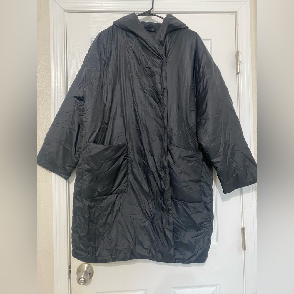 Eileen Fisher Eggshell Recycled Nylon Hooded Long Coat XL - Picture 2 of 14